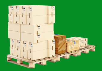 Pallets with boxes. New and old cardboard boxes. Parcels are stored on wooden pallets. Pallets with parcels isolated on green. Concept of storage and transportation of goods in boxes. 3d image.