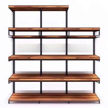 Empty wooden shelves and metal bases for manufacture racks isolated on white background, angle view. Interior design element in loft style, bookshelf mockup, home ledges furniture, 3d illustration