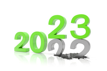 3d render of the numbers 2022 and 23 in green over white reflecting background.