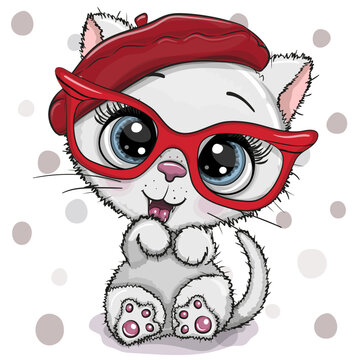Cartoon kitty in red beret with red glasses