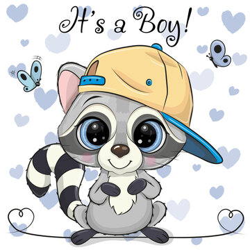 Cartoon Raccoon with a yellow cap on a heart background
