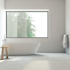 Obraz na płótnie Canvas Front view on bright bathroom interior with empty white wall, bathtub, window, towels, carpet, concrete floor. 3d rendering High quality illustration