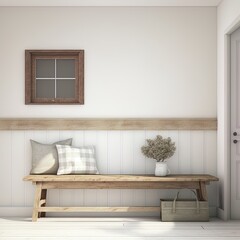 Farmhouse entryway. Wooden bench near blank white wall. Interior mockup. 3d render.