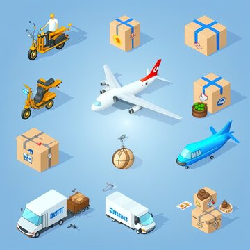 Delivery icons 3d render 2r illustrated set. Map, drone, earth, aircraft, motorcycle, delivery man, truck, online store