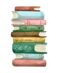 A stack of books is drawn in watercolor on a white background