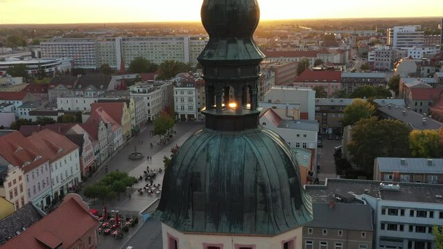 Drone view of the cityscape of Cottbus during the sunrise