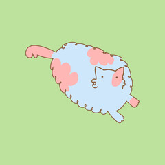 cute flat pastel cat portrait in pink and blue with green background.