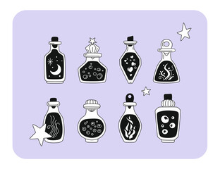 Witch potions vector illustration collection. elixirs of the alchemist, wizard, mage. flasks, vials with liquid. potion icons set
