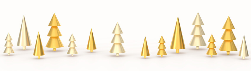 Christmas golden trees 3d render. Abstract geometric xmas forest in metal cone shapes. New Year decorations, gold lush pine and fir, holiday design elements on white background