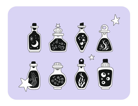 Witch potions vector illustration collection. elixirs of the alchemist, wizard, mage. flasks, vials with liquid. potion icons set