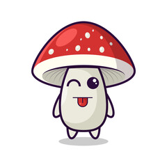 A cartoon mushroom with a tongue and a red cap