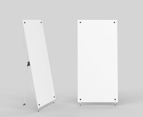 Blank roll up banner, mockup vertical x stand front and side view, 3d render. Realistic set of white board, display for exhibition or promotional presentation isolated on background