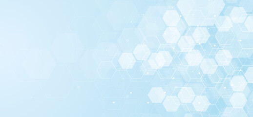 Hexagons pattern on blue background. Genetic research, molecular structure. Chemical engineering. Concept of innovation technology. Used for design healthcare, science and medicine background
