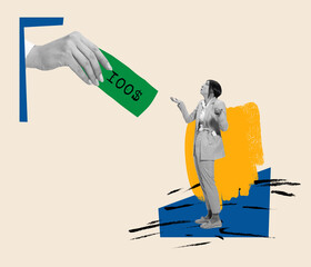 Contemporary art collage. Conceptual design with young woman, employee getting money. Professional growth and promotion
