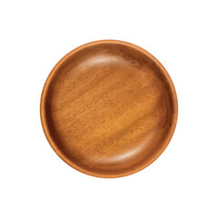 Empty Wood Bowl Isolated, Wooden Bowl on White Background Top View, Rustic 3d Vector Mock Up