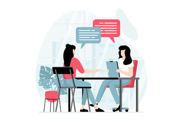 Employee hiring process concept with people scene in flat design. Woman HR manager interviewing applicant for vacancy, looking for best employee. Illustration with character situation for web - obrazy, fototapety, plakaty