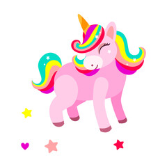 Adorable unicorn smiling with closed eyes, cartoon character vector illustration. Drawing of magical horse with rainbow hair isolated on white background. Magic, fantasy concept