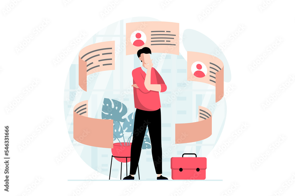 Fototapete employee hiring process concept with people scene in flat design. man thinks and chooses between dif