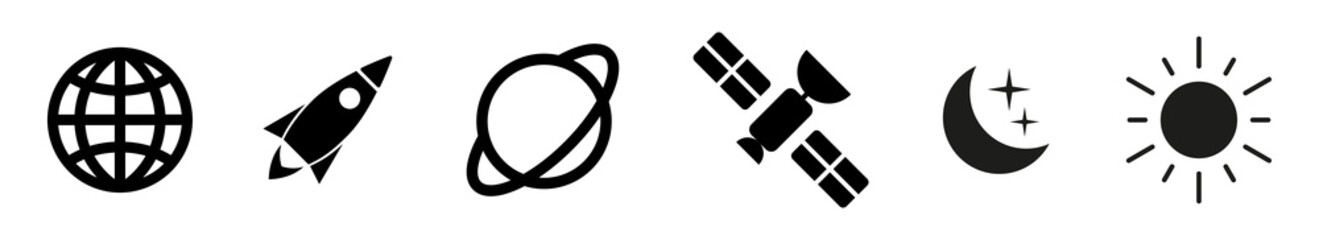 Modern space illustration. Rocket, spaceship, planet, saturn. Moon, satellite. Vector icon.  © Yaroslav