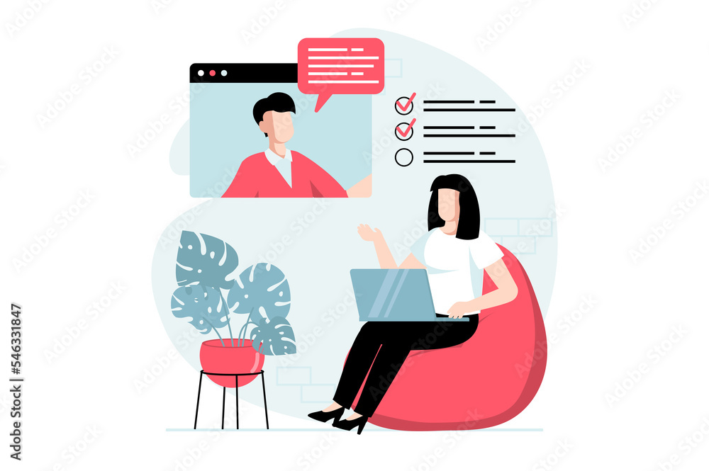 Fototapete employee hiring process concept with people scene in flat design. hr manager conducts online intervi