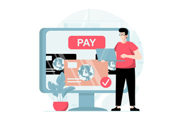 E-payment concept with people scene in flat design. Man customer making online financial transaction using laptop and personal credit card. Illustration with character situation for web