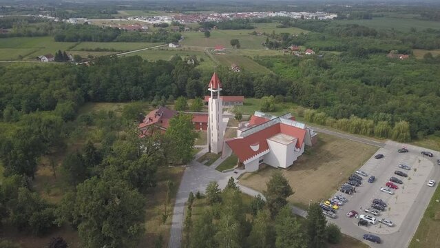 Aerial footage of the Convent and Church of Saint Antony in Dubrave, Bosnia and Herzegovina