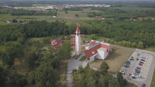 Aerial footage of the Convent and Church of Saint Antony in Dubrave, Bosnia and Herzegovina