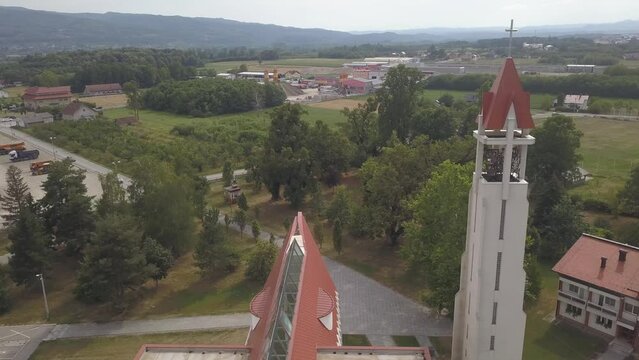 Aerial footage of the Convent and Church of Saint Antony in Dubrave, Bosnia and Herzegovina