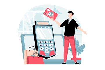 E-payment concept with people scene in flat design. Man pays for purchases with credit card using cash box and makes online financial transfers. Illustration with character situation for web