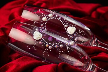 Closeup of a pair of champagne glasses decorated for the wedding on a red fabric