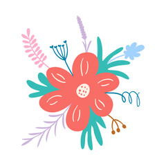 Hand drawn cute colored floral arrangement isolated on a white background. Doodle, illustration in a simple flat style. It can be used for decoration of textile, paper and other surfaces.