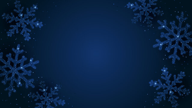 Christmas background with glitter snowflakes. Navy winter backdrop