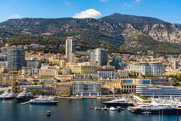 Panoramic view of Monaco metropolitan area with Hercules Port, Carrieres Malbousquet and Les Revoires quarters at Mediterranean Sea coast