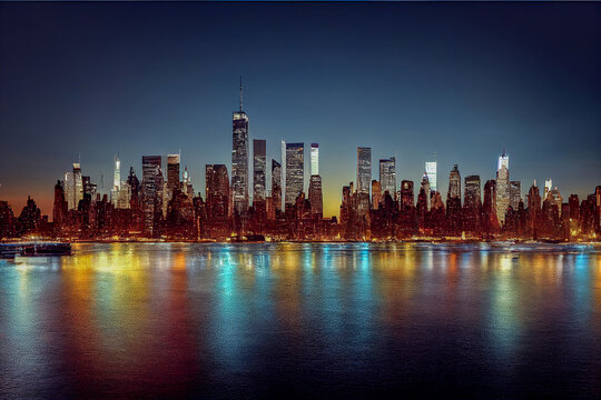 city skyline fron new york city at night, Generative AI Illustration