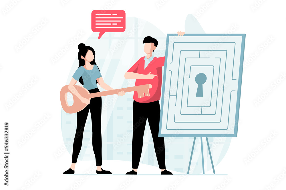 Leinwandbilder Finding solution concept with people scene in flat design. Man and woman are looking for solutions to solve labyrinth and pick up key to keyhole. Illustration with character situation for web