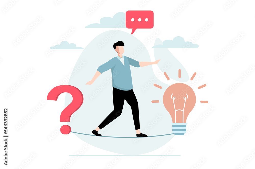 Leinwandbilder Finding solution concept with people scene in flat design. Man walks tight rope from question to new idea, brainstorms and thinking about problem. Illustration with character situation for web