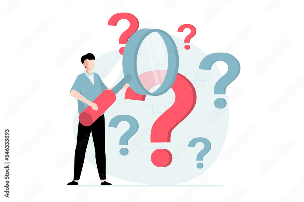 Poster finding solution concept with people scene in flat design. man with magnifier looking questions and 
