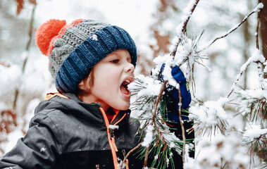 Child plays with snow and eats snow