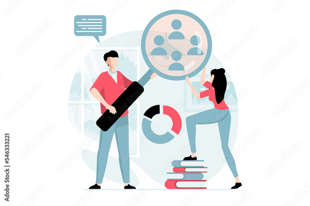 Poster focus group concept with people scene in flat design. man with magnifier and woman do marketing rese