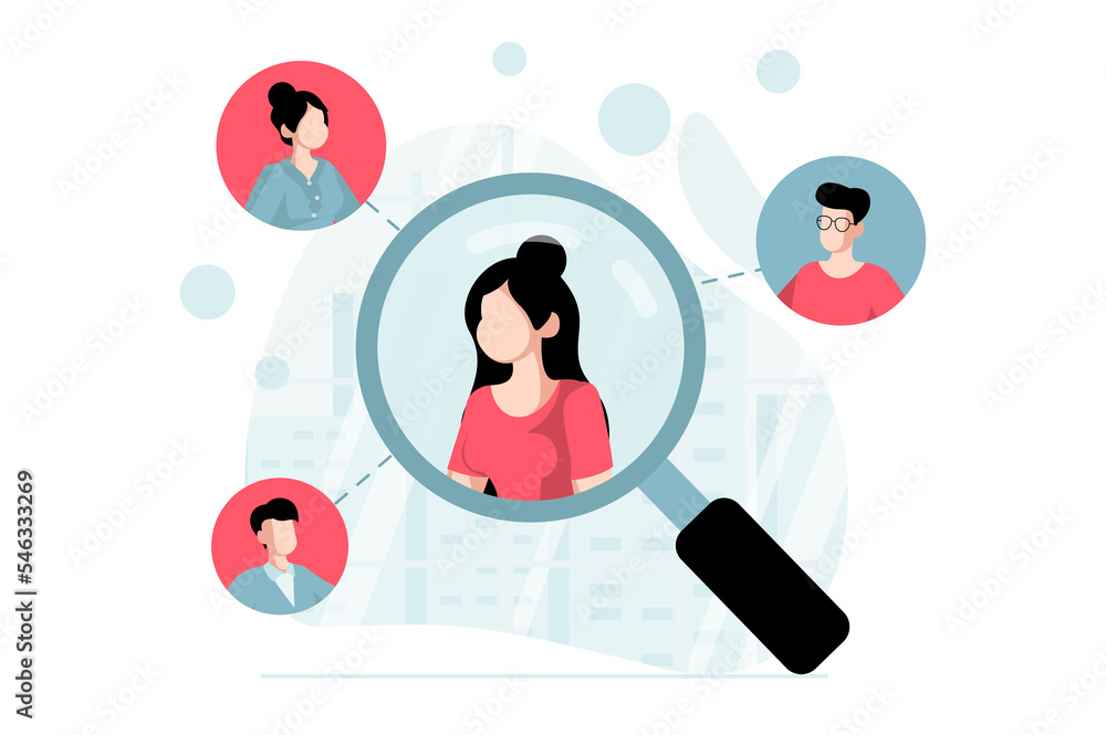 Poster focus group concept with people scene in flat design. woman making marketing research and analysis b