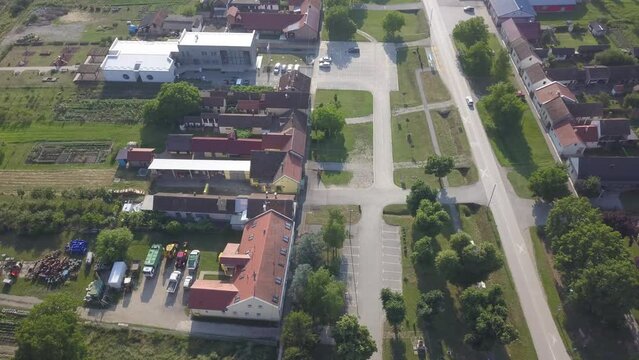 Aerial of a street and houses in Gunja, Croatia