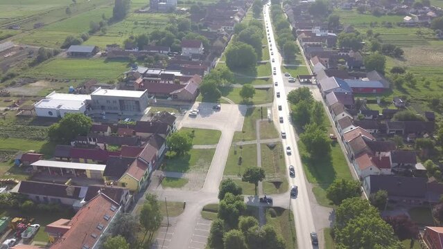 Aerial of a busy street with cars in Gunja, Croatia