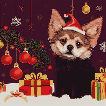 Vector illustration of a dog wearing a Santa hat surrounded by gifts and Christmas holiday ornaments