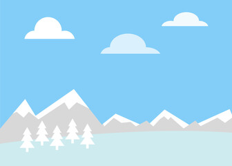 a winter landscape with snow covered mountains and blue sky, white clouds and white fir trees. Isolated vector graphic