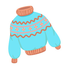 Winter sweater with ornament isolated in white background. Hobby, handmade, clothing concept. Cute colorful knitting symbol. Cartoon vector illustration.
