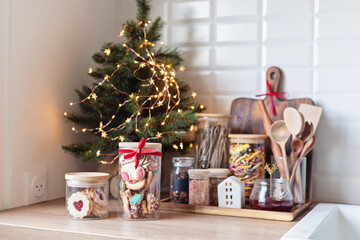 Christmas kitchen decoration. Festive home sustainable interior idea