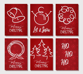 Merry Christmas and Happy New Year Set of greeting cards, posters, holiday covers. Design with minimalist Xmas elements like Bells, Mistletoe, Snowman in Simple line art style on red background.