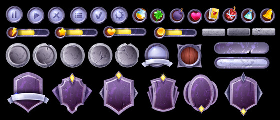 3D game UI stone frame set, rock menu background kit, vector fantasy medieval RPG rock button. Epic mobile app vintage border, energy bar design, level up shield. Magic game frame signboard panel © Oleksandra