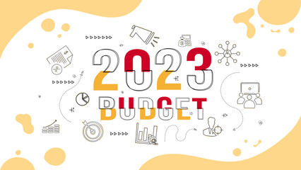 2023 Budget planning with doodle icon drawing set and management concept. Company budget allocation for business or project management. Effective and smart budgeting for next year, Vector illustration