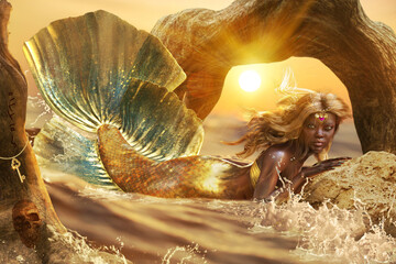 A mermaid on a sunset. A 3D rendered character as a photomanipulation art for fantasy purposes. 